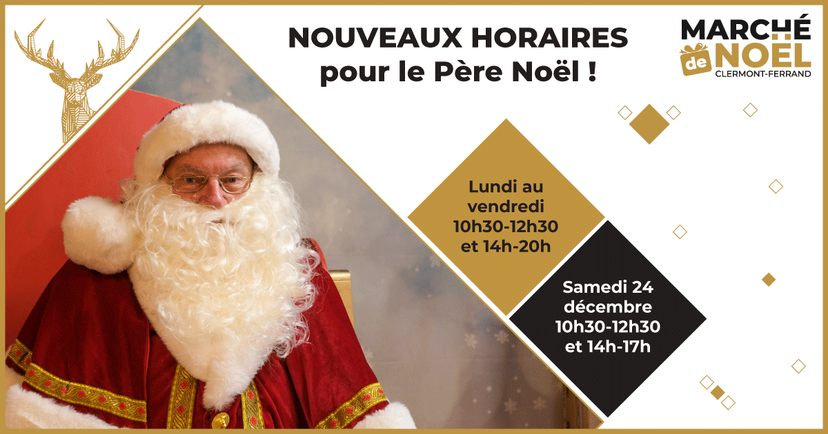 🎅 Les horaires du Père Noël évoluent pour les vacances scolaires ! C'est le moment de venir lui confier votre liste de cadeaux et de faire une petite photo en sa compagnie 📸

#marchedenoelclermont #noelaclermont