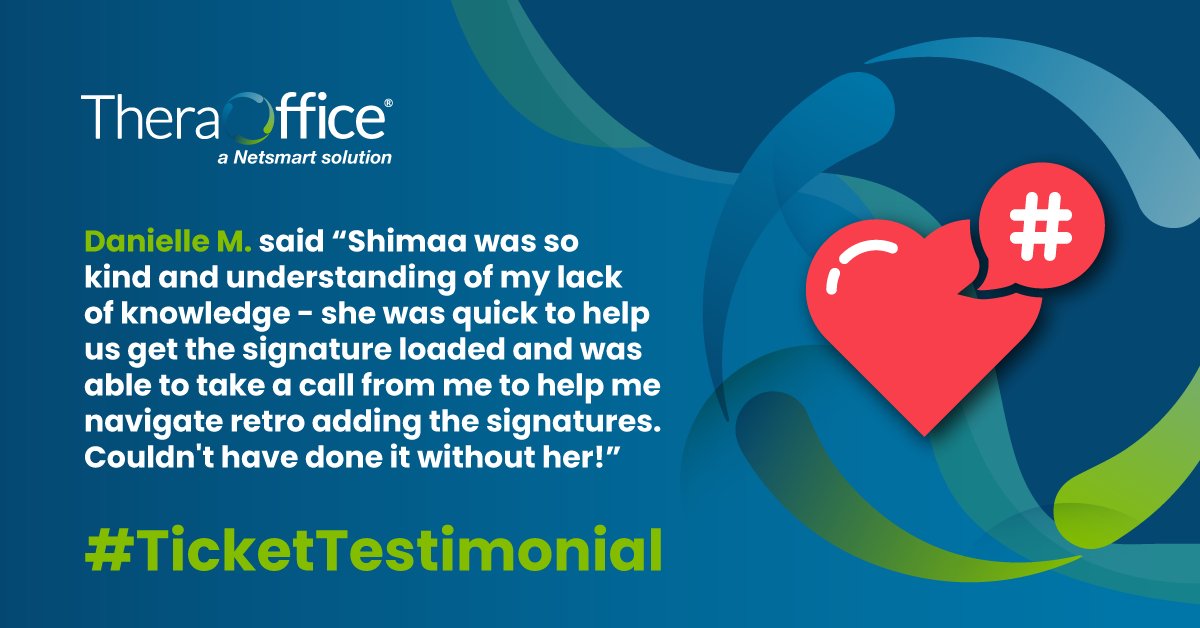 🙂Ticket Testimonial🙂

Our top priority is always to ensure superior service - quickly &amp; effectively. Danielle M., Business Office Associate at Corephysio, can attest to that!

#TheraOffice #EMR #beyondtheplatform #physicaltherapy #occupationaltherapy #speechtherapy #testimonial
