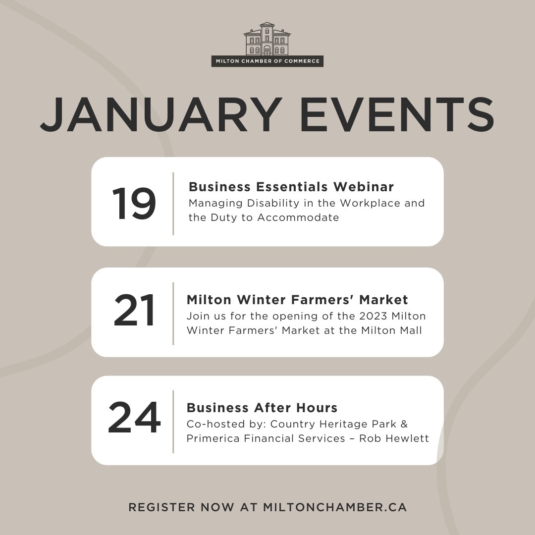 MiltonChamber's tweet image. Take a look at our upcoming events in January. We look forward to seeing you at Milton Chamber events in 2023.

Register at: miltonchamber.ca/events