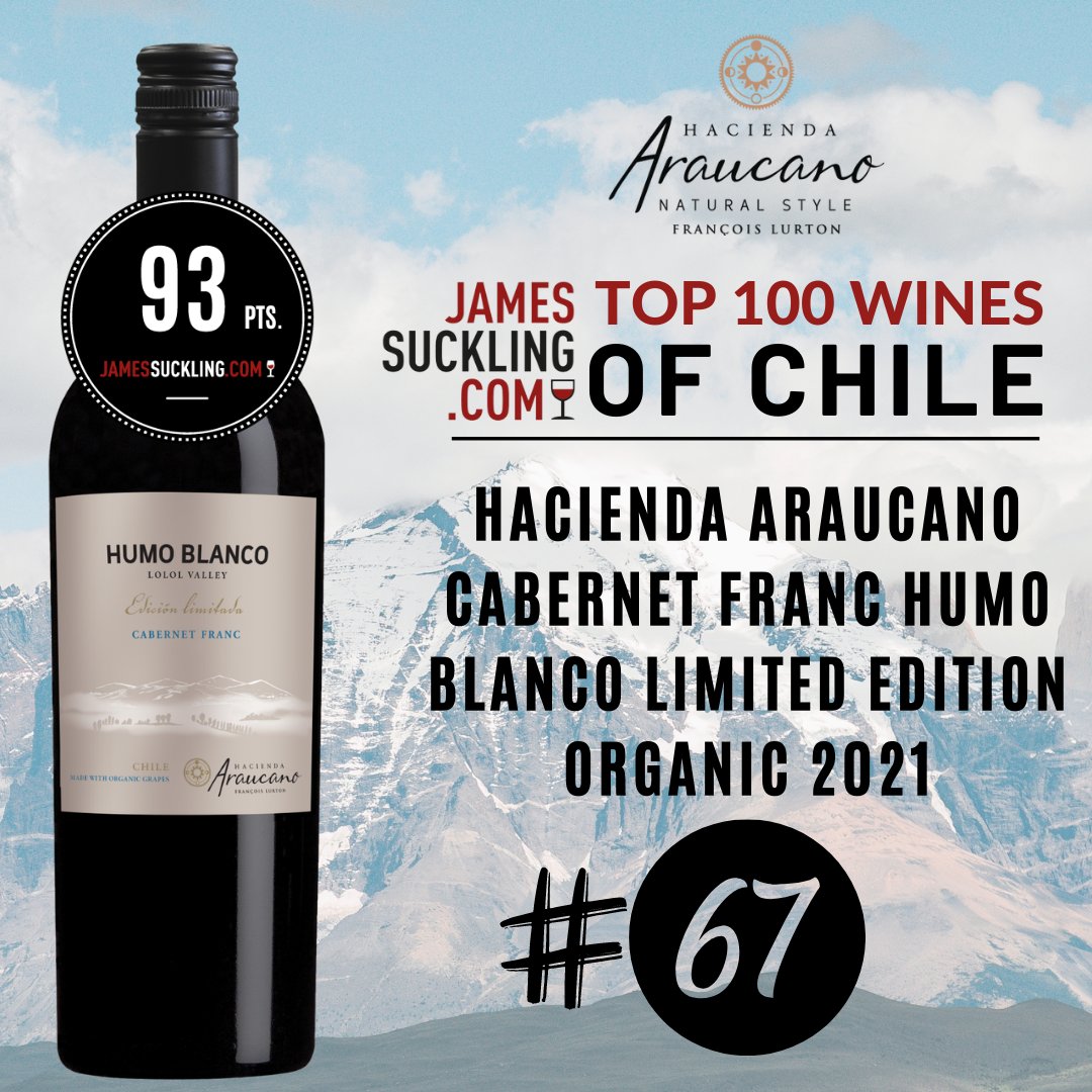 The Hacienda Araucano Humo Blanco Cabernet Franc 2021 takes the #67 spot on James Suckling's Top 100 Wines of Chile!