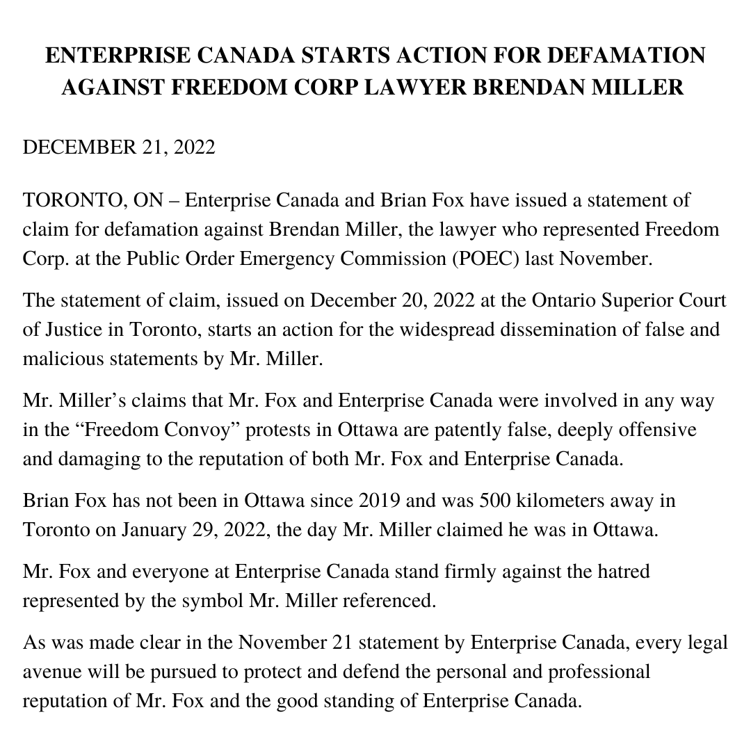 We will pursue every legal avenue to protect and defend the personal and professional reputation of Brian Fox and the good standing of Enterprise Canada.

Statement below.