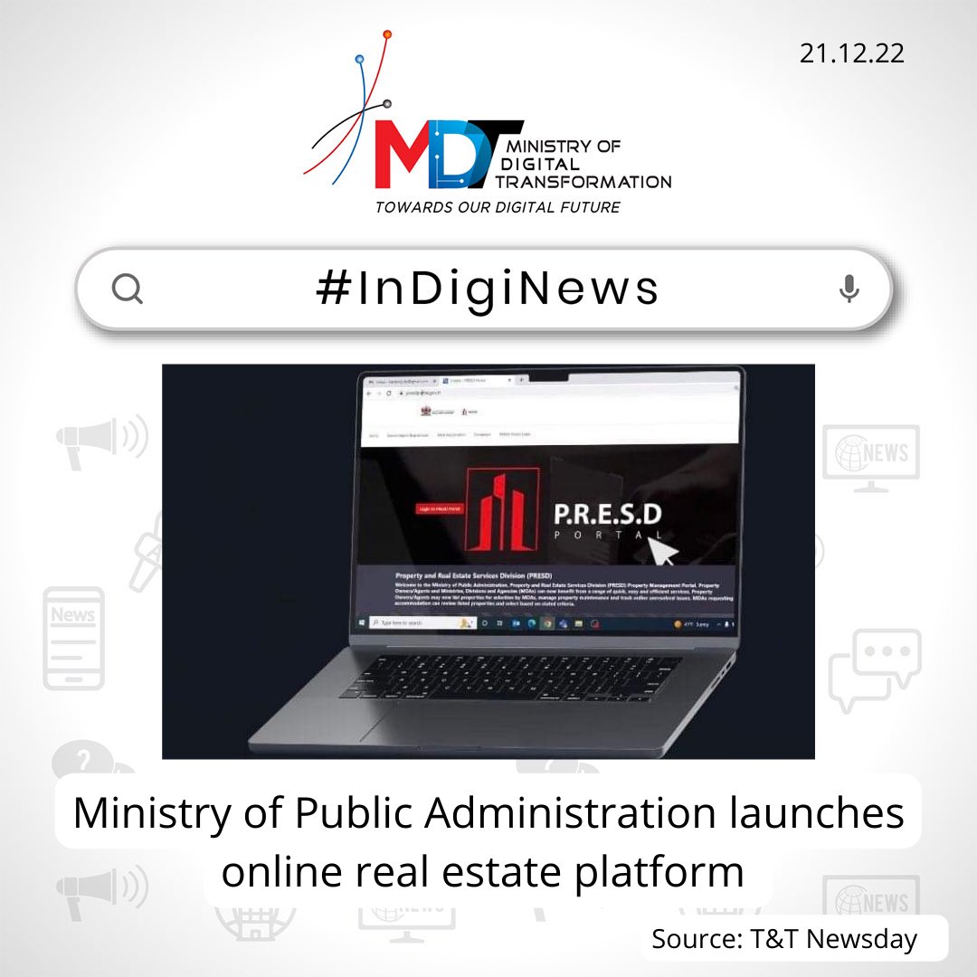 MDT_TT's tweet image. #DigiNews 
The Ministry of Public Administration launched their PRESD portal which allows property owners and real estate agents to register properties at presdportal.gov.tt for government ministries, divisions &amp;amp; agencies to select for rental, lease or purchase.

#digitalTT