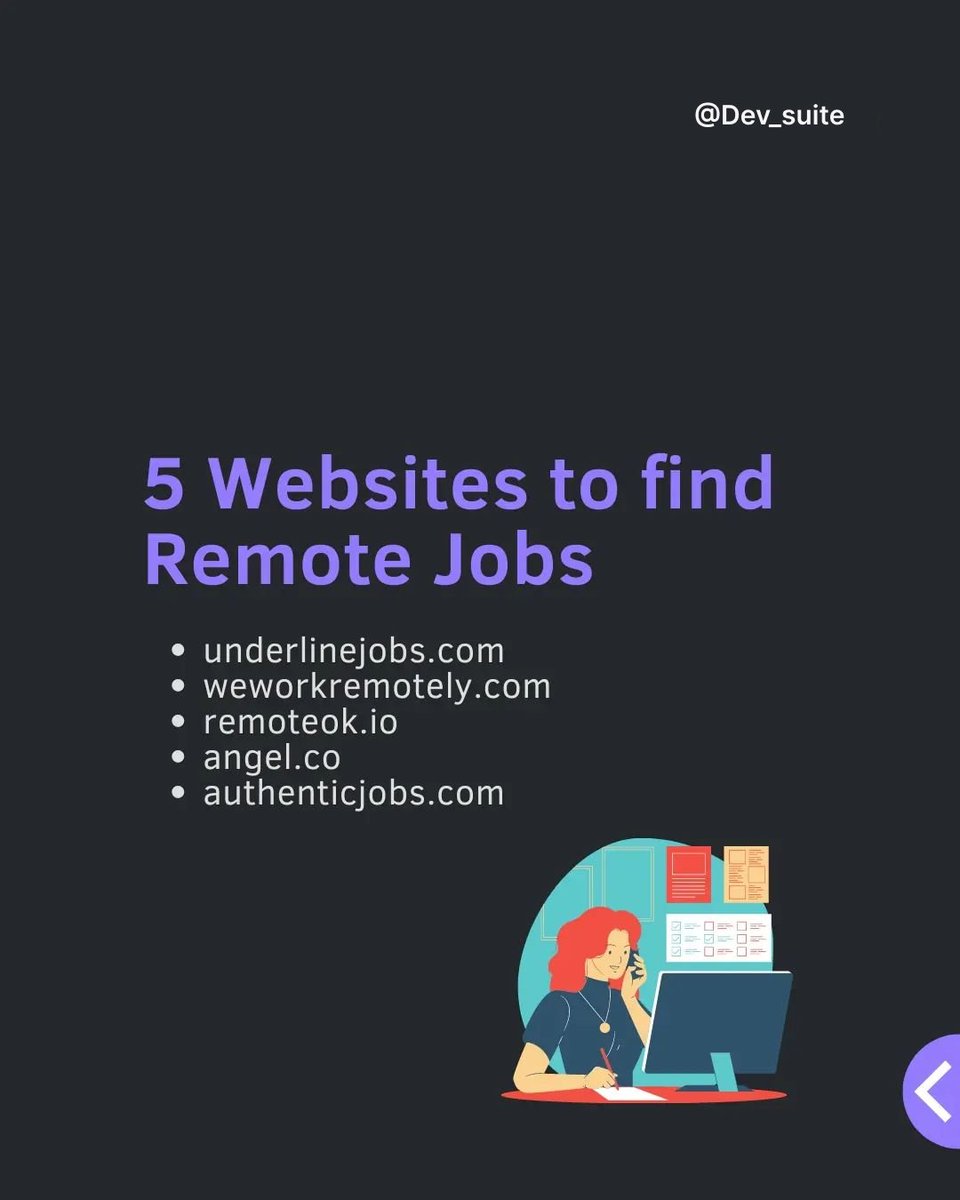 Dev_suite's tweet image. 5 Websites to find Remote Jobs
- underlinejobs.com
- weworkremotely.com
- remoteok.io
- angel.co
- authenticjobs.com
💻
#frontend #uiuxdesign #programming #tech #100DaysOfCode #Job