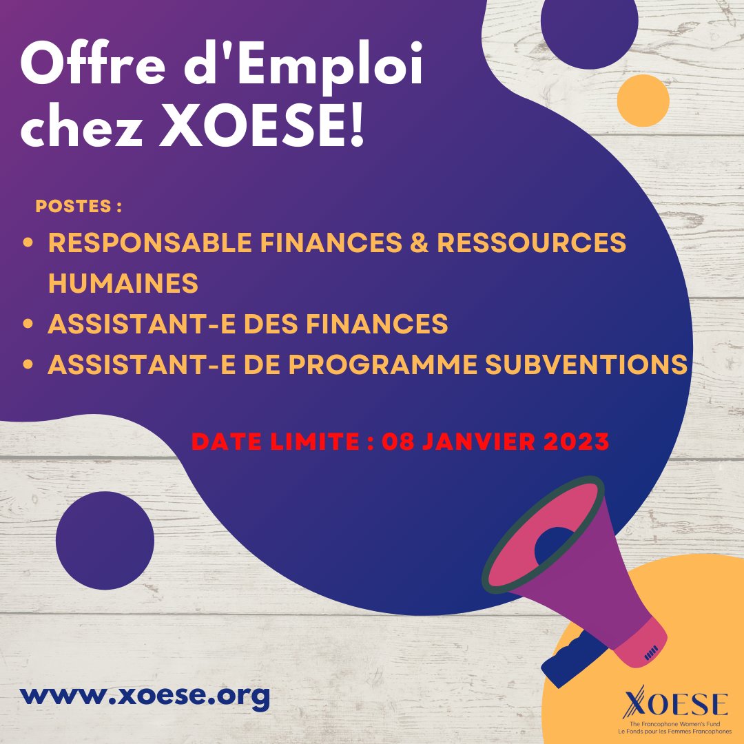 XOESE recrute pour plusieurs postes à Lomé et à distance 
 Info 👇🏿👇🏿👇🏿
Responsable Finances &amp; Ressources Humaines
xoese.org/offre-demploi-…
Assistant-e des Finances 
xoese.org/offre-demploi-…
Assistant-e de Programme Subventions
xoese.org/offre-demploi-…

📅Date limite: 08 Janvier 2023