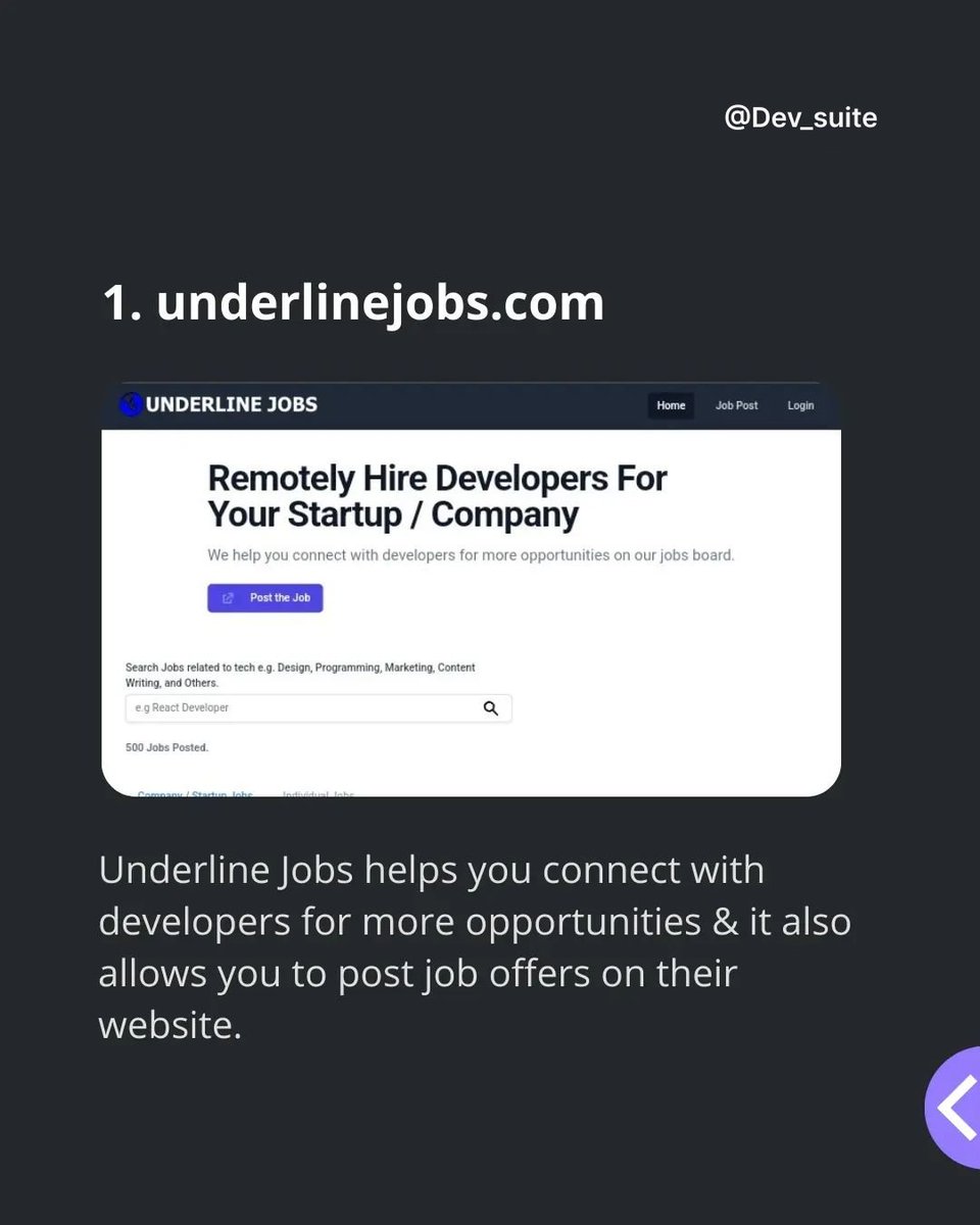Dev_suite's tweet image. 5 Websites to find Remote Jobs
- underlinejobs.com
- weworkremotely.com
- remoteok.io
- angel.co
- authenticjobs.com
💻
#frontend #uiuxdesign #programming #tech #100DaysOfCode #Job