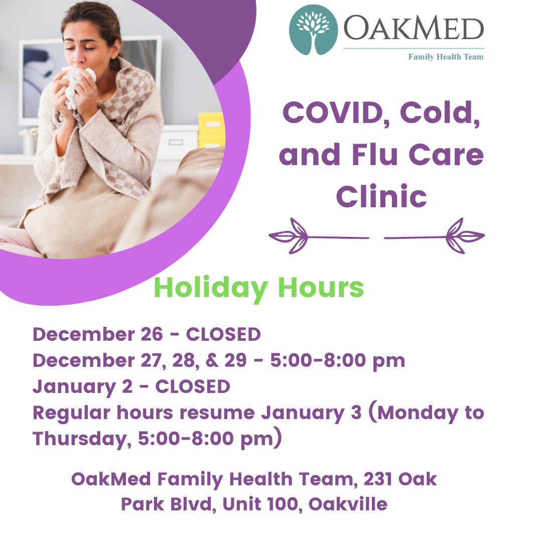 Please note OakMed Family Health Team's holiday hours for their COVID, Cold, and Flu Care Clinic.

CCHOHT is supported by funding from the Government of Ontario
 #ontariohealthteam #oht #holidays #wellness #covid