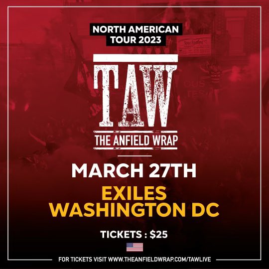 ExilesBarDC's tweet photo. Exiles Bar (1610 U St NW) is proud to announce that we will be hosting @theanfieldwrap LIVE in DC on March 27th! Tickets are on sale NOW through the link in our bio. Hurry - this event WILL SELL OUT! YNWA!
.
.
.
#exilesbar #exilesbardc #ustreet #ustreetdc #dcbars #theanfieldwrap https://t.co/5zv9hRiUIj