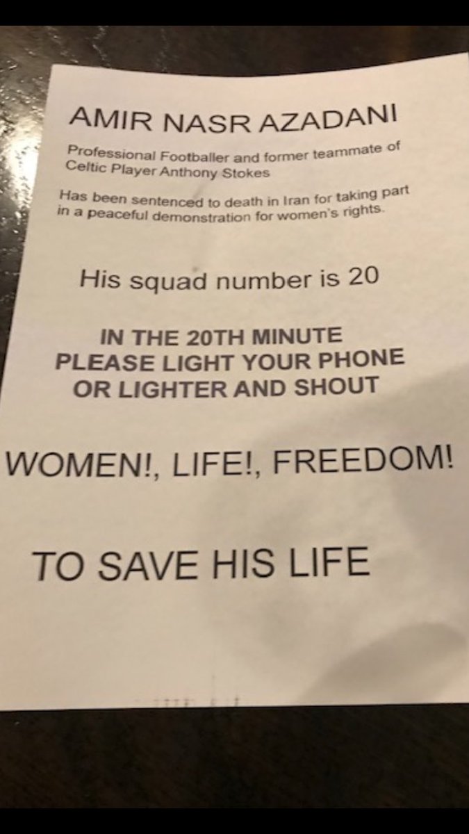 RESPECT ✊🏽 
Tonight at #CELLIV they’re shouting #WomanLifeFreedom in 20th min to raise awareness of #AmirNasrAzadani the footballer set to be executed imminently for standing up for women’s rights in #Iran
Absolutely fantastic solidarity from <a href="/CelticFC/">Celtic Football Club</a> &amp; <a href="/LiviFCOfficial/">Livingston Football Club</a> fans 👏