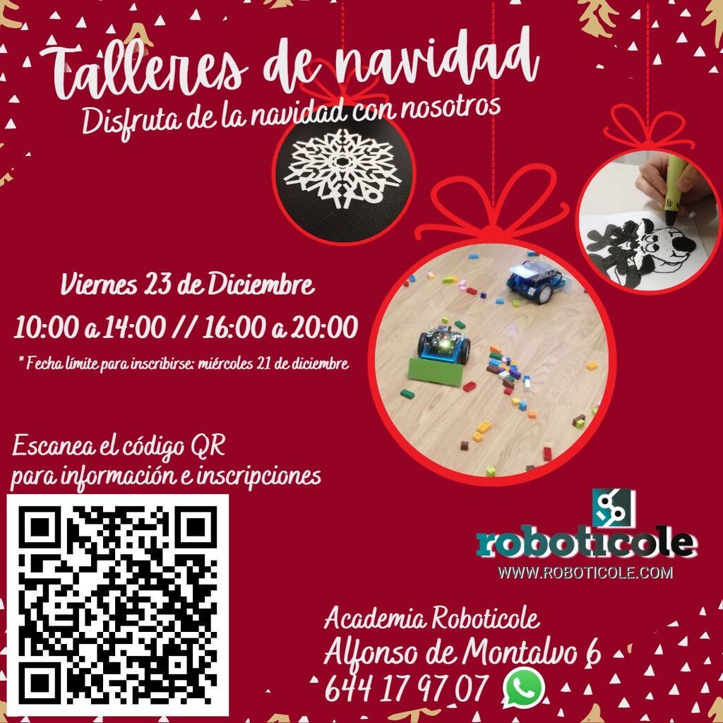 roboticole's tweet photo. ------MIÉRCOLES 21 - ÚLTIMO DÍA PARA INSCRIBIRSE A LOS TALLERES ------

Disfruta de la Navidad con Roboticole. Ven a nuestros talleres navideños. El viernes 23 de diciembre realizaremos varios talleres de robótica con temática navideña: 

- Bolígrafos 3D… https://t.co/ASIqXsigSh https://t.co/13BZXm4Yc9