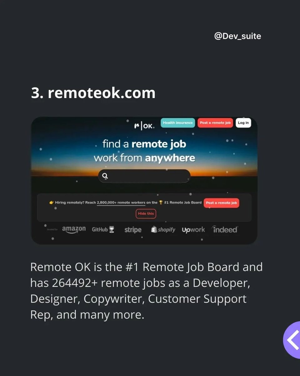 Dev_suite's tweet image. 5 Websites to find Remote Jobs
- underlinejobs.com
- weworkremotely.com
- remoteok.io
- angel.co
- authenticjobs.com
💻
#frontend #uiuxdesign #programming #tech #100DaysOfCode #Job