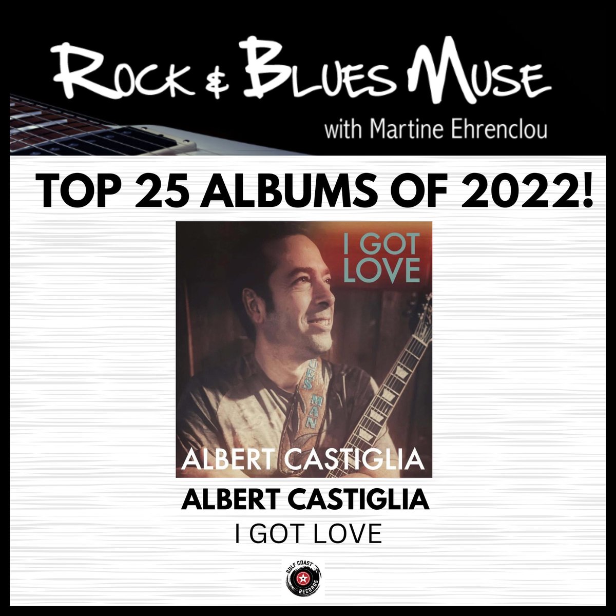 AlbertCastiglia's tweet photo. Your vote counted! The top 25 albums of 2022 have been announced￼… 𝐂𝐎𝐍𝐆𝐑𝐀𝐓𝐔𝐋𝐀𝐓𝐈𝐎𝐍𝐒 to Albert Castiglia and his new album I GOT LOVE!
 Thank you Rock and Blues Muse!

@RockBluesMuse @AlbertCastiglia @RecordsGulf @IntrepidArtists @BluesBrat https://t.co/ThH0bE092e