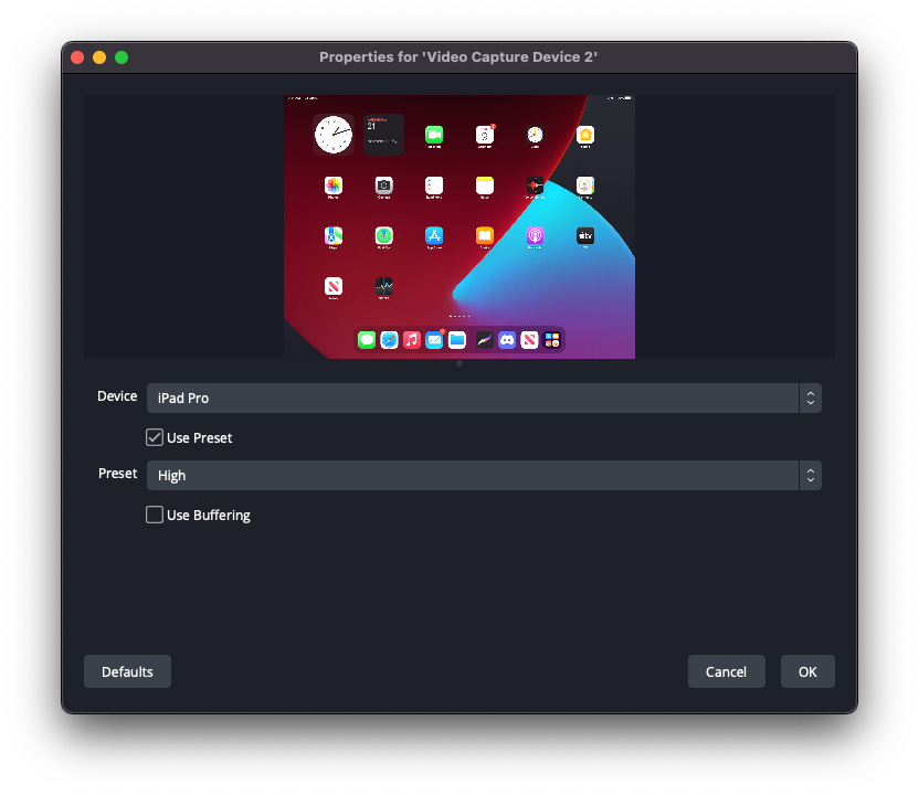 DDRBoxman's tweet photo. @fossilforager If you hook it up with a usb cable the iPad will show up as a video capture device in OBS. Make sure to use the High preset. https://t.co/mhozTtRN1U