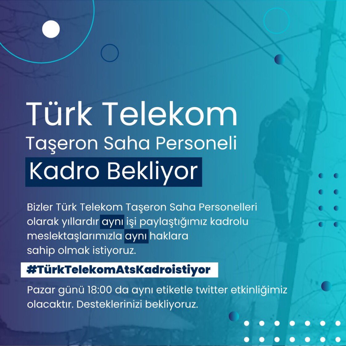 #TümTaşeronKadroya
#TürkTelekomAtsKadroİstiyor

Türk Telekom Taşeron ATS Saha Personelleri Kadro Bekliyor

Taşeron Şirketler Aradan Çıkarılsın!

<a href="/RTErdogan/">Recep Tayyip Erdoğan</a>
<a href="/TBMMresmi/">TBMM</a>
<a href="/TBMMGenelKurulu/">TBMM Genel Kurulu</a>
<a href="/vedatbilgn/">Vedat Bilgin</a>
<a href="/csgbakanligi/">T.C. Çalışma ve Sosyal Güvenlik Bakanlığı</a>
<a href="/NureddinNebati/">Dr.Nureddin NEBATİ🇹🇷</a>
<a href="/HMBakanligi/">T.C. Hazine ve Maliye Bakanlığı</a>
<a href="/akaraismailoglu/">Adil Karaismailoğlu</a>
<a href="/ofatihsayan/">Dr. ÖMER FATİH SAYAN</a>
<a href="/umitonaltr/">Ümit Önal</a>