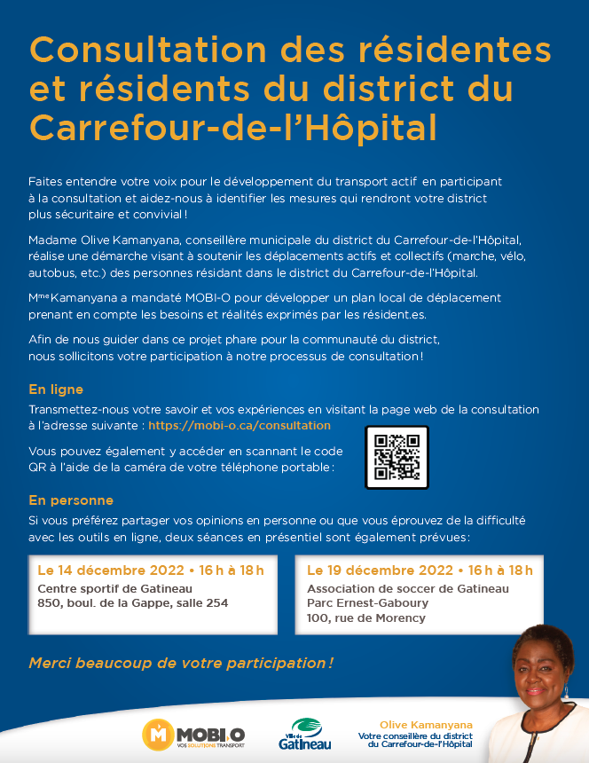 Dernière chance pour participer à la consultation sur la création d’un plan local de déplacement dans le district du Carrefour-de-l’Hôpital, qui se termine le 23 décembre! 👉 mobi-o.ca/consultation/ #Gatineau #mobilitédurable