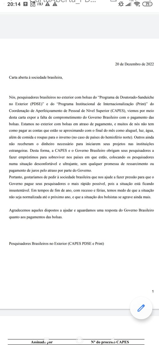 quel_deoliveira's tweet photo. Essa é a carta dos doutorandos @CAPES_Oficial PDSE e Print que estão no exterior com as bolsas ATRASADAS.
Peço aqueles que acreditam que os pesquisadores tem que ser tratados com dignidade para compartilha-la e quem sabe a gente tem um milagre de natal! 
#PagueMinhaBolsa https://t.co/O4NDAhZyRt