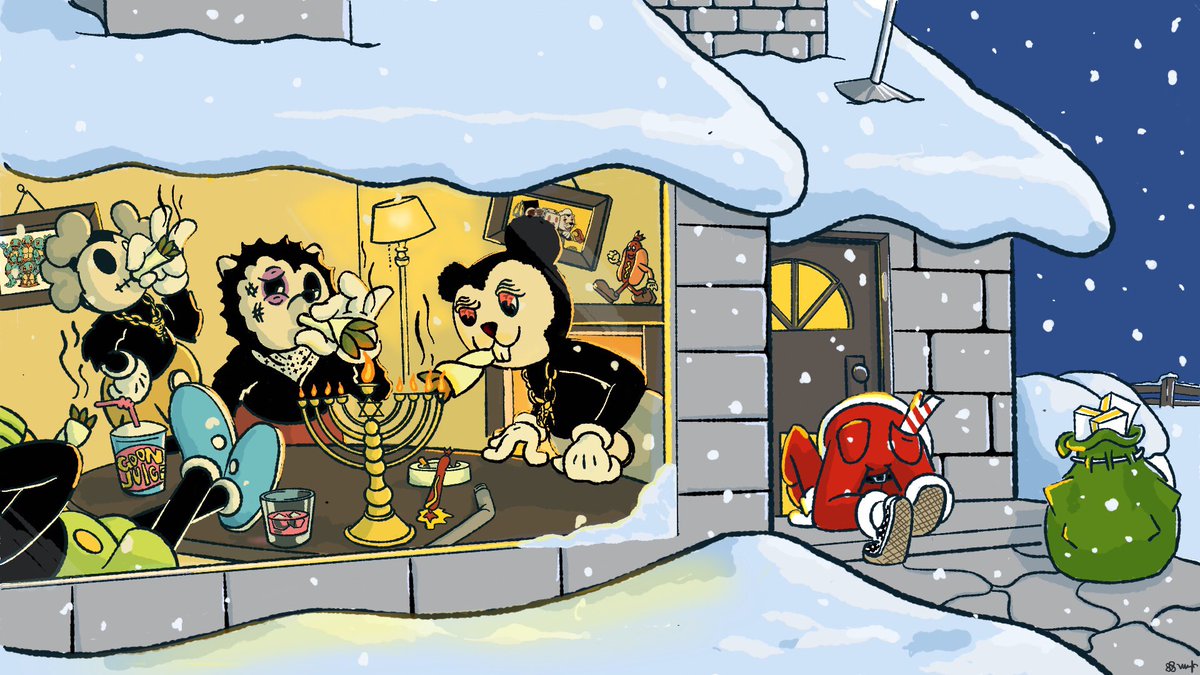 GoonzComic's tweet photo. Santa grumbling: 
"stupid bouncer... stupid dog door... ho, ho, how about i shove this candy cane up your ..."

Happy Hanukkah Goonz family! https://t.co/yaAQGHAfnz