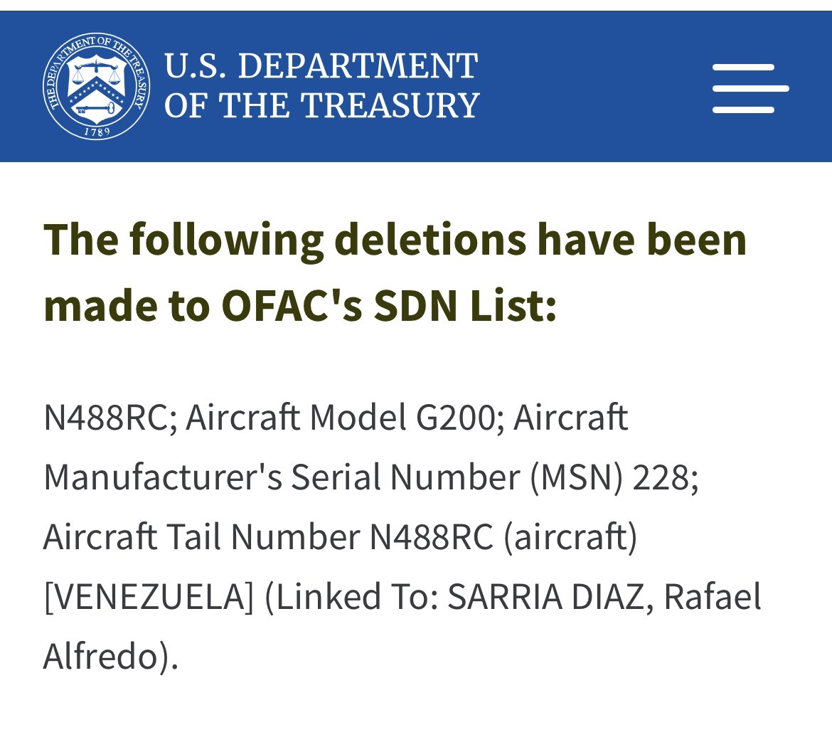 APjoshgoodman's tweet photo. Something brewing between Washington and Caracas?

First, this week saw landings by US-registered planes in Venezuela—which spurred speculation American prisoners would be freed. 

And now @USTreasury unfreezes a jet linked to alleged frontman for socialist party boss @dcabellor. https://t.co/d7JeSJaiQb