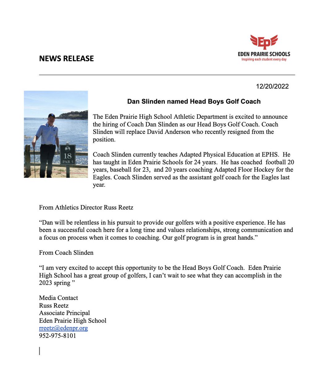 EPActivities's tweet photo. I am excited to announce the hiring of Dan Slinden as our next Head Boys Golf Coach. Go Eagles!! https://t.co/wea9Cj4jPT
