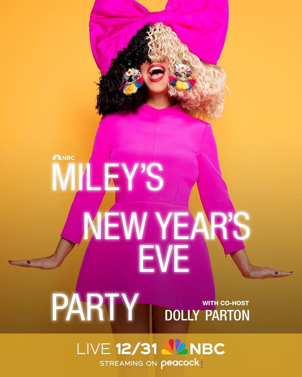 mileyworld's tweet photo. Miley’s New Year’s Eve Party co-hosted by @DollyParton with special guest performances from @Latto, @Sia, @RaeSremmurd, @findingfletcher &amp; @Liilytheband!! 🎉 Don’t miss out - tune in on Dec 31st on @nbc &amp; @peacock 🍾✨ https://t.co/QsfsItJTon