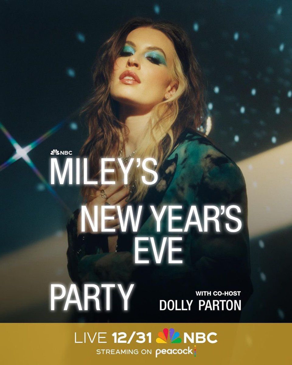 mileyworld's tweet photo. Miley’s New Year’s Eve Party co-hosted by @DollyParton with special guest performances from @Latto, @Sia, @RaeSremmurd, @findingfletcher &amp; @Liilytheband!! 🎉 Don’t miss out - tune in on Dec 31st on @nbc &amp; @peacock 🍾✨ https://t.co/QsfsItJTon