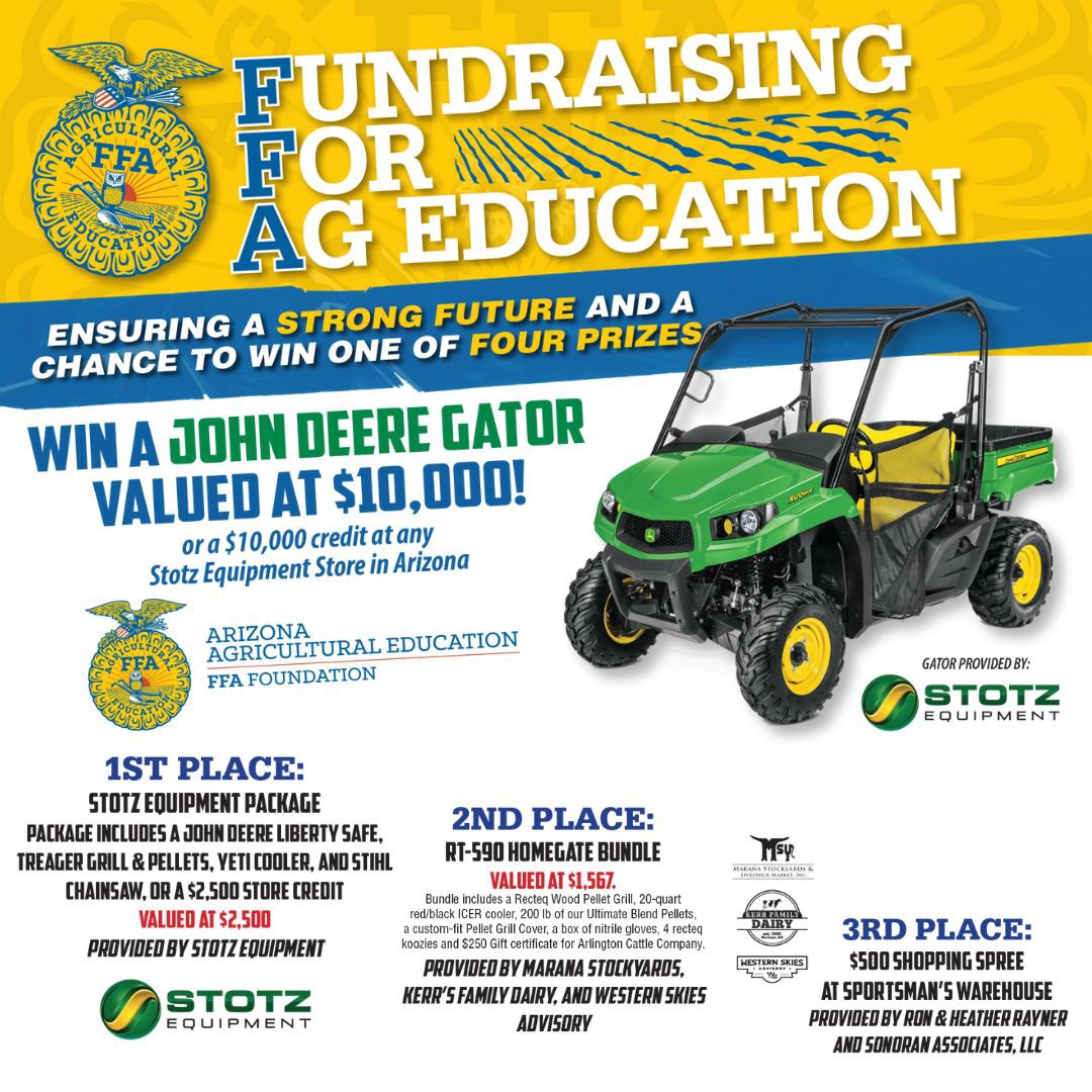 bashaffa's tweet image. Help our FFA Chapter raise funds by purchasing 1 ticket for $20 or 6 for $100 at ffaraffle.org. Don&apos;t forget to refer Basha FFA! The winning tickets will be drawn at the Blue &amp;amp; Gold Gala on Jan 28th, 2023.