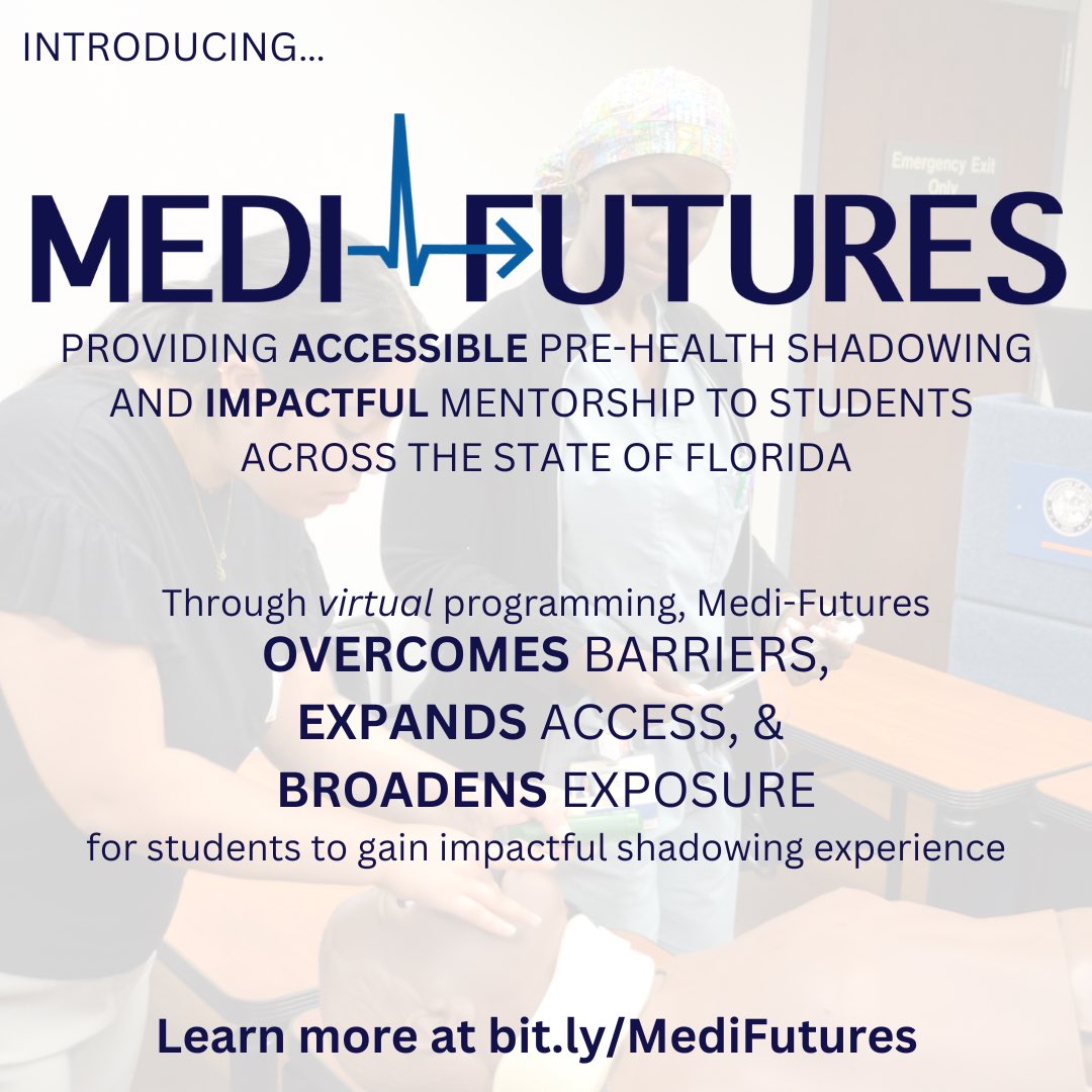 We are excited to announce that after two and a half years of a successful program at UF, we are expanding to provide accessible shadowing and impactful mentorship for students across the state! Check out our website for more information …gy-medi-futures.sites.medinfo.ufl.edu