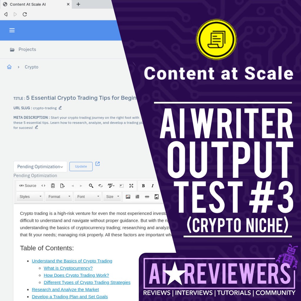 AIReviewers's tweet photo. We've been blown away by the output of Content at Scale's AI writing tool, and in our latest test, we evaluate an article that we generated for the crypto niche: https://t.co/SidjaWjTe3 #aiwritingtool #aicontent #aitools #aisoftware #ai #artificialintelligence #blogging #seo https://t.co/wPlO1CCE5b