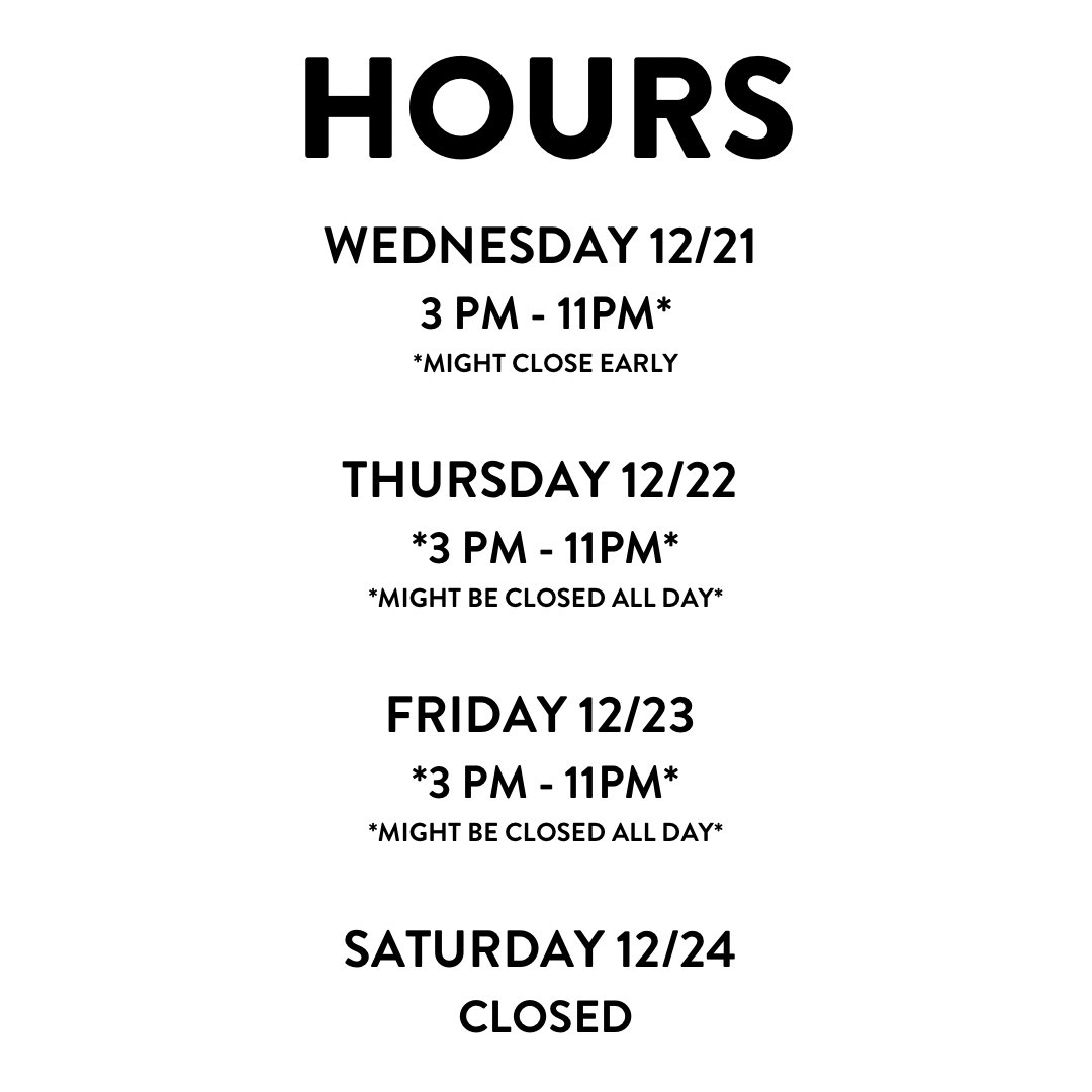 NewNorthwestern's tweet photo. HOURS for the rest of the week! 

We will keep you updated on our social media pages the next few days, so keep your eyes peeled. 

In the meantime come watch the snowfall and enjoy some great cocktails! 

#thenewnw #holidayhours #eyespeeled #snowstorm #updates #cocktails https://t.co/zAHhn1fCIu