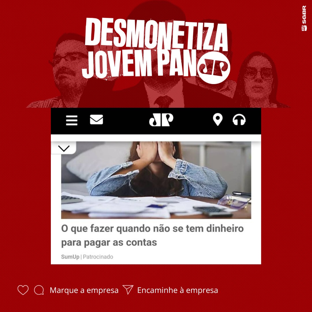 Olá <a href="/SumUp_BR/">SumUp Brasil</a>, tudo bem? A maquininha que é apoiadora oficial de todos os empreendedores brasileiros jamais deveria creditar os discursos golpistas do site da Jovem Pan. Pfv, #DesmonetizaJovemPan!✊🏽