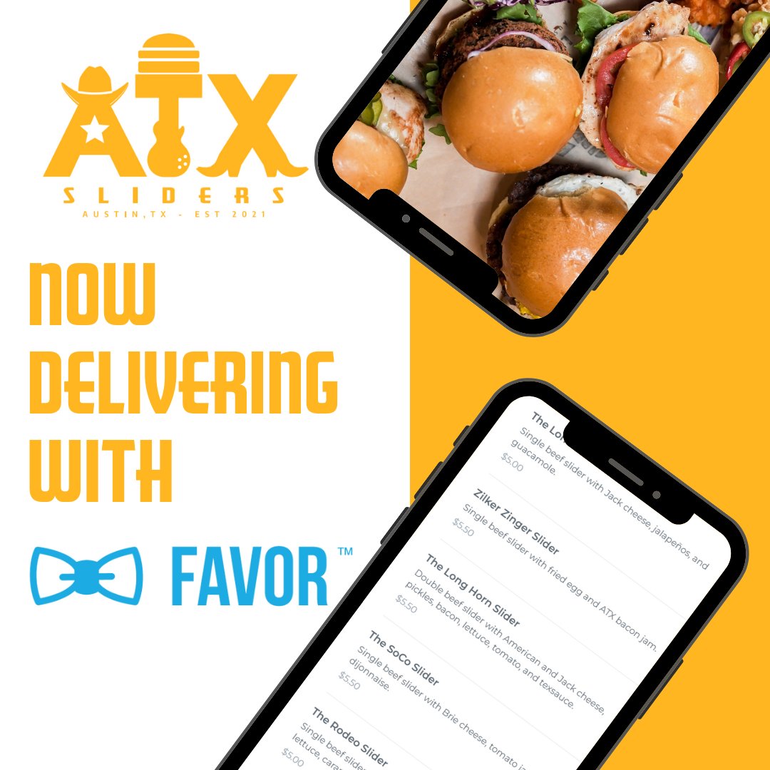 Now partnering with <a href="/favor/">Favor</a> for Delivery 🙌 🍔🔥Download the app and get gourmet sliders delivered to your door or office today in under an hour!
#austinfoodie #austintx #austinfood #austineats #austineater #eatingatx #foodstagram #supportlocalaustin #austin360 #austin360eats