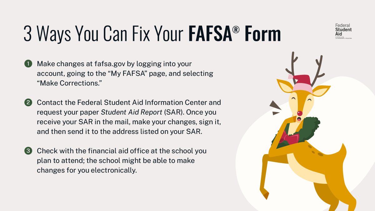 Oh deer 🦌 Did you realize you made a mistake on your FAFSA® form? Here’s how you can fix it.​

Read more about how you can correct or update your form: studentaid.gov/apply-for-aid/…