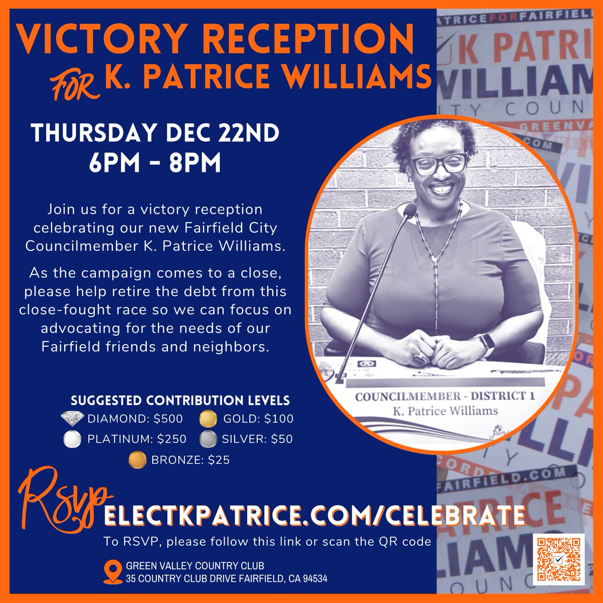 iamKPatrice's tweet photo. Join us for a victory reception celebrating our newest Fairfield City Councilmember, K. Patrice Williams. 

Thursday, December 22nd
6 pm - 8 pm
Green Valley Country Club

RSVP at https://t.co/3qVU7ZATwH https://t.co/QVIMhRXVlc