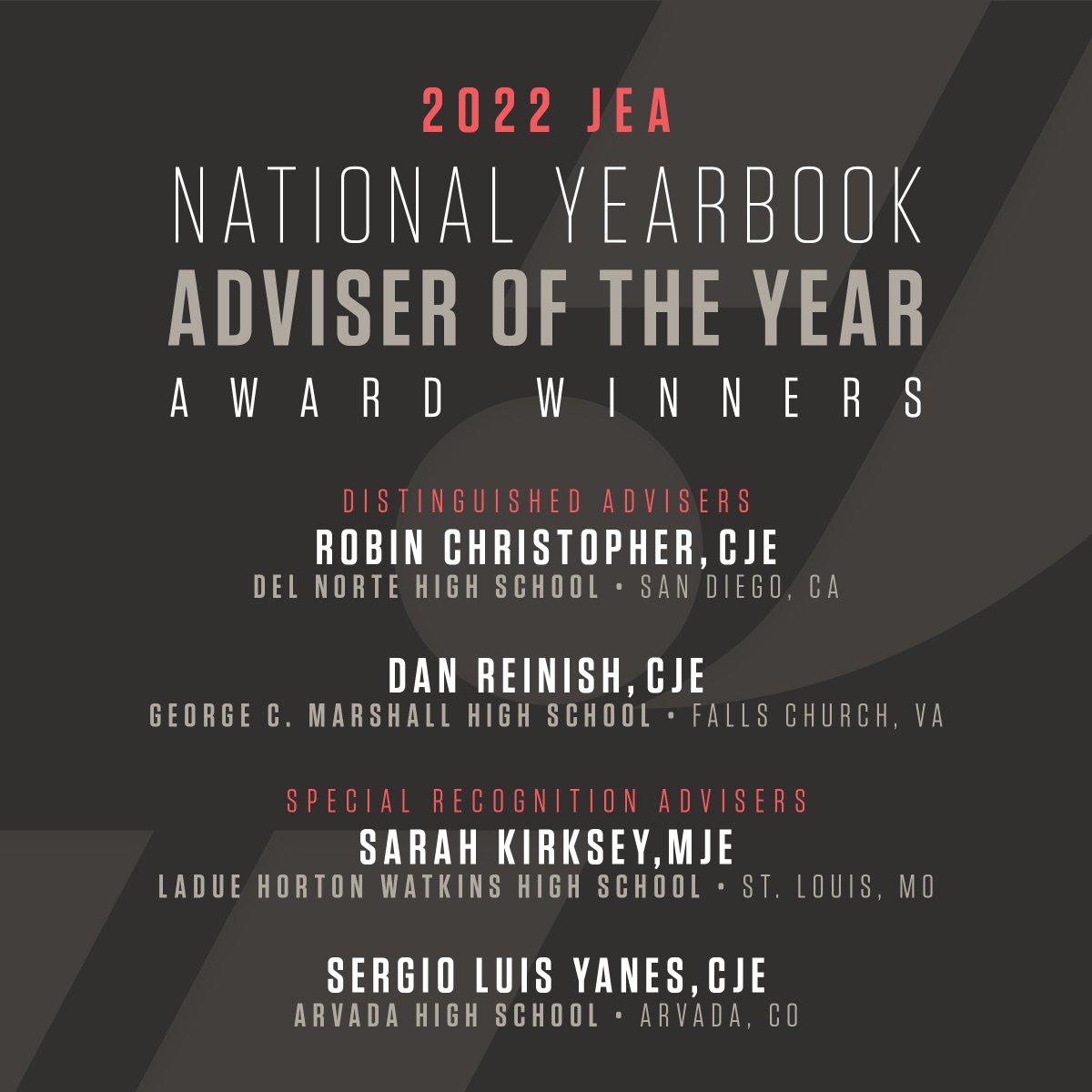VarsityYearbook's tweet photo. HUGE SMILES!! Four Herff Jones advisers are among the eight yearbook advisers honored in JEA’s 2022 National Yearbook Adviser of the Year competition. The eight will be celebrated at the JEA/NSPA Spring National HS Journalism Convention in San Francisco in April. https://t.co/z5EIMRtGiW