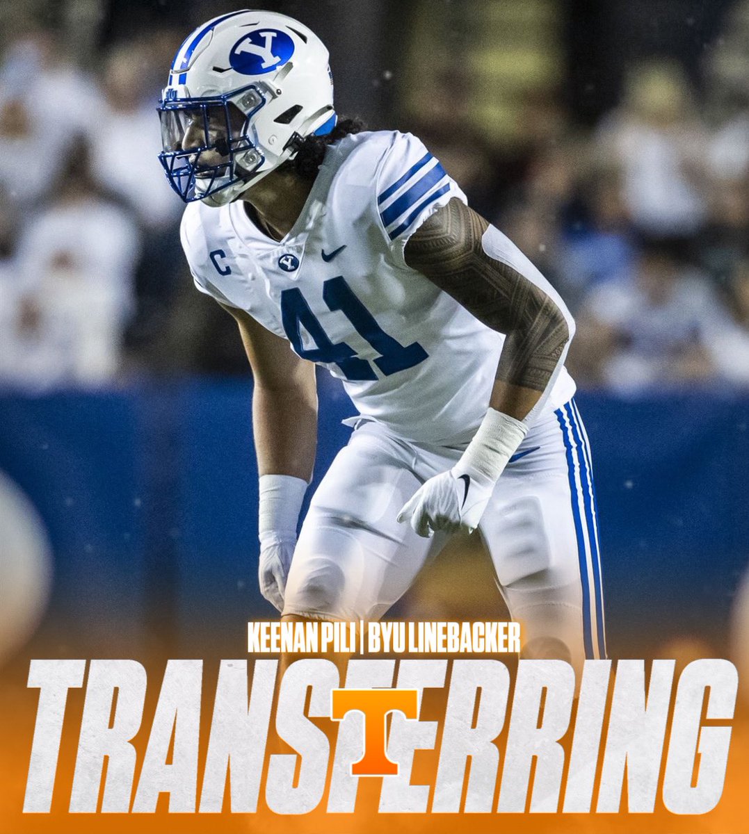 VolScoops's tweet photo. BREAKING:  BYU LB Keenan Pili announced he will TRANSFER to Tennessee! 

The 6-3 237 Provo, Utah native totaled 190 tackles, 11 TFL and 3 sacks in four seasons for the Cougars with 60 coming in 2022. 

HUGE addition to the LB room! https://t.co/8YGmrMEQqB