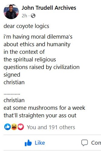 hibbingnow's tweet photo. I don't know if #BobDylan liked John Trudell's "coyote logics" series of poetry, but I sure appreciate it and I am pleased when his FB archive account brings one back around...this one tickled my funny-bone today. #Trudell https://t.co/Yin9G2UG4C