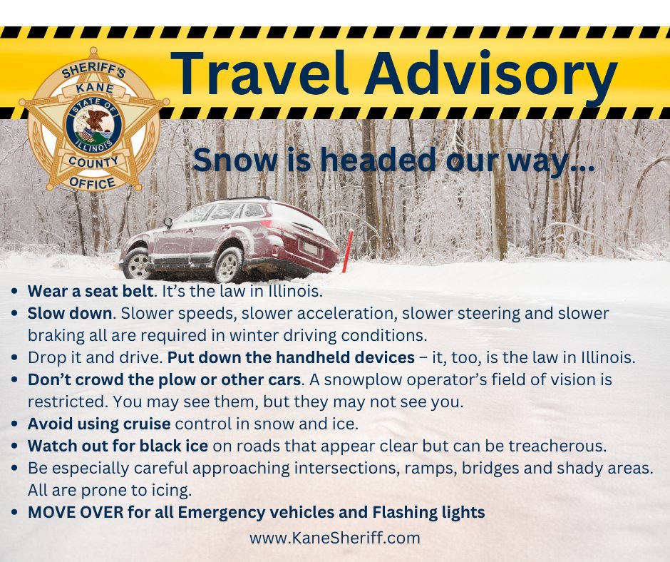 Winter weather of snow, ice, and bitter cold with severe drifting is coming as early as 9 a m tomorrow(Thursday).  

We will do our best to update all of the roadway conditions throughout Kane County, but try to limit any traveling.