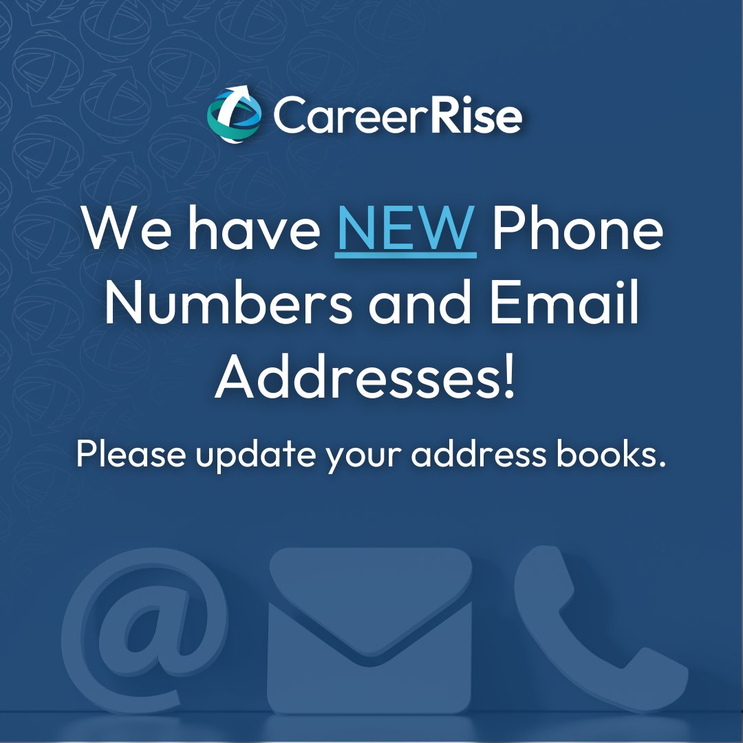 CareerRise has NEW email addresses and phone numbers! Click the link below to stay in contact with the team at CareerRise. Please update your address books!

Contact us: lnkd.in/gZsw7biZ