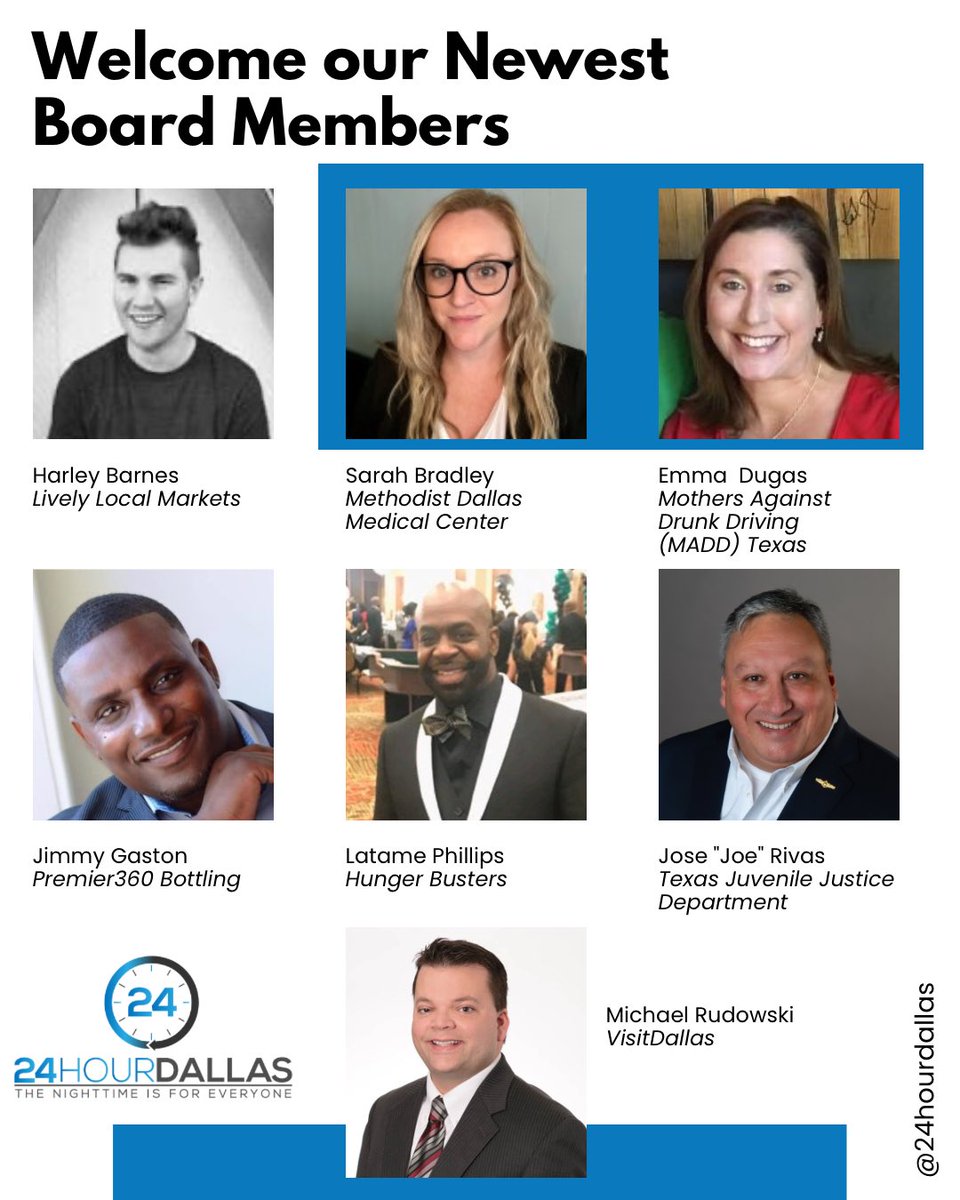 24hourdallas's tweet photo. It is now our distinct pleasure to welcome our newly elected members of the 24HourDallas Board who will begin three-year terms through 2025. Congratulations, and we are excited to see what all we will accomplish together! #tothenight #thenighttimeisforeveryone https://t.co/RyHbrz2Ay1