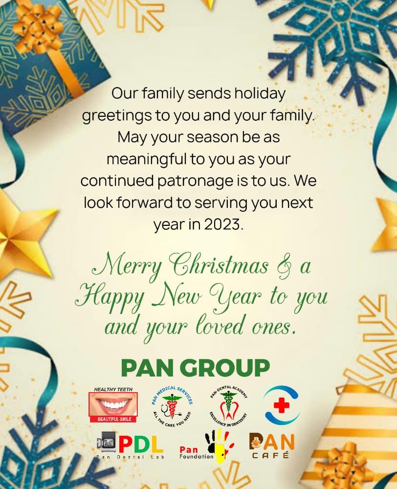 Panmedicalserv's tweet photo. Dear our most esteemed, we send you seasonal greetings. Thank you for making 2022 great. A Merry Christmas &amp; a Happy New Year 2023 @bibianbibian123 @PanDentalSurger @NNehemia777 @MinofHealthUG https://t.co/H20tPztEcV