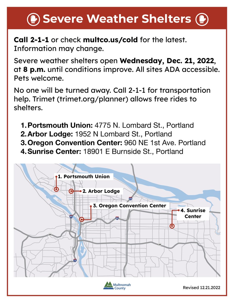 Multnomah County, OR (@multco) on Twitter photo PLEASE SHARE this helpful graphic. If possible, call 2-1-1 or check multco.us/cold for the latest, as info may change. All severe weather sites are ADA-accessible and pets are welcome. No one will be turned away. <a href="/trimet/">TriMet</a> allows free rides to shelters. PLEASE SHARE this helpful graphic. If possible, call 2-1-1 or check multco.us/cold for the latest, as info may change. All severe weather sites are ADA-accessible and pets are welcome. No one will be turned away. <a href="/trimet/">TriMet</a> allows free rides to shelters.