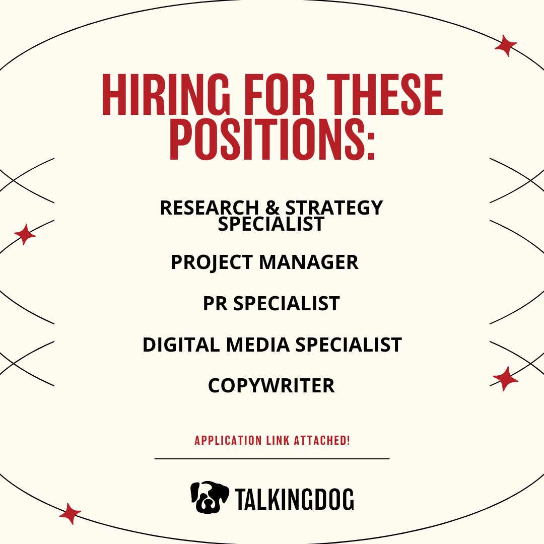 Talking Dog is excited to announce new position openings for the spring semester! The four positions we are looking to fill are listed above, please use the attached link to complete your application! We look forward to hearing from you 👀🐶

loom.ly/aSkbDbA