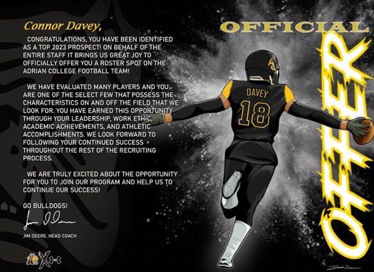 Thank you <a href="/JimFDeere/">Jim Deere</a> and <a href="/AdrianCollegeFB/">Adrian College Football</a> for an offer to play at the next level. 🖤💛
