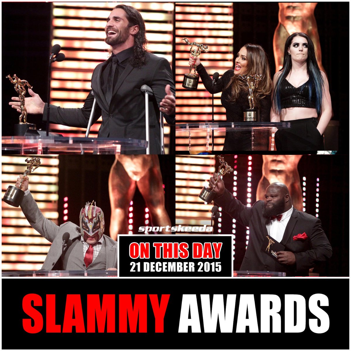 On this day, 7 years ago, #WWE hosted their annual #SlammyAwards in which @WWERollins was awarded the Superstar of the year and Nikki Bella was awarded the Diva of the Year.
#SethRollins #NikkiBella #BellaTwins https://t.co/DdIpzbEU5A