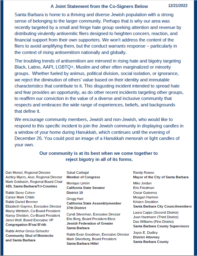 ADLCalifornia's tweet image. Jewish organizations and elected officials respond to antisemitic fliers in Santa Barbara