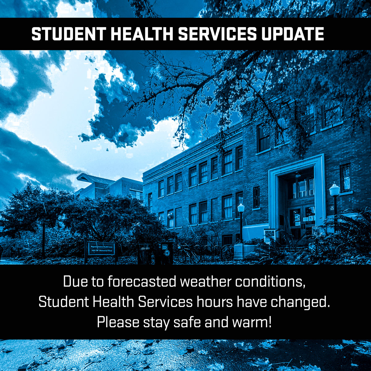 URGENT UPDATE: Due to forecasted weather conditions, our hours have changed! Dec. 22: 10 a.m.-12 p.m. in-person appointments. Telehealth appointments only 1 p.m.-4:30 p.m. Dec. 23: Telehealth only 9 a.m.-12 p.m. and 1 p.m.-4:30 p.m. Please stay safe and warm!