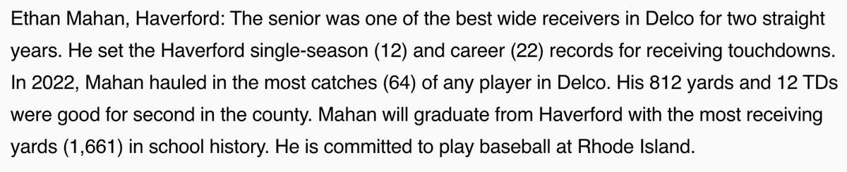 Congrats <a href="/EthanMahan2/">Ethan Mahan</a> for being named First-Team All-Delco WR! #HRE #BFT #HPRIDE