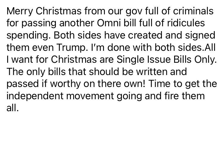 gramps586's tweet photo. @elonmusk @SenSchumer @LeaderMcConnell #SingleIssueBillsOnly need to fund gov then fund it .Military?fund it all separately.I’m so sick of them bargaining between them with our $ &amp; rights to get what they want.We all should be United against this.Both sides have written and signed Omni bills. https://t.co/mB3GJe8wvF