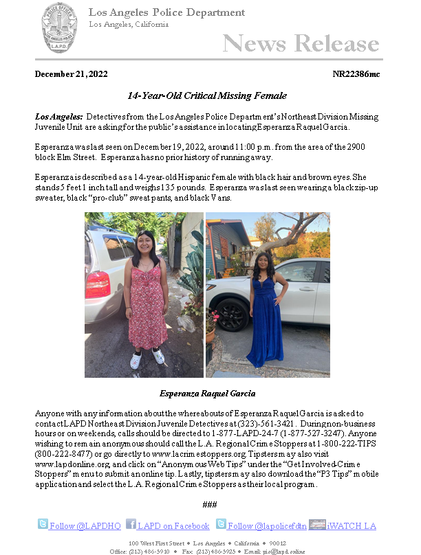LAPD News: Critical Missing 14-Year-Old Female