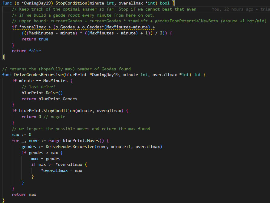 x_hace's tweet photo. I've completed "Not Enough Minerals" - Day 19 - Advent of Code 2022 https://t.co/2cPAHNfR7p #AdventOfCode
Finally solved in #Golang with #Recursion and #DepthFirstSearch but for the second half was lucky that the additionaly pruning steps worked! https://t.co/HjPTcdApWO