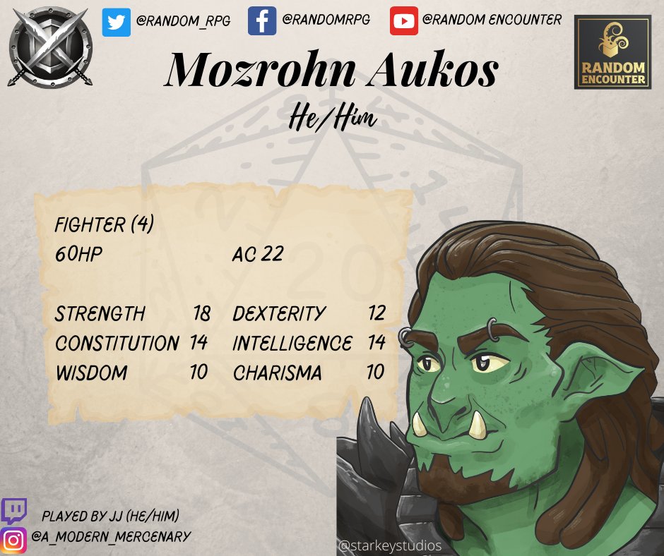 random_rpg's tweet image. We also have Mozrohn (He/Him), a #Fighter who keeps us all protected, played by JJ (He/Him).

#Pathfinder2e #Pathfinder #TTRPG #RPG #AbominationVaults